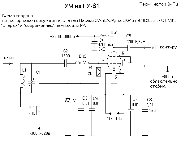 схема усилителя мощности, УМ передатчика на ГУ-81, сеточный режим